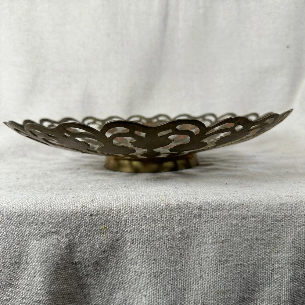 Vintage Pierced Brass Enamel Floral Mandala Bowl 11 Inch Decor Bohemian Tray